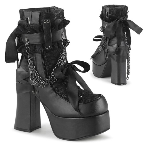 Black Demonia Charade-110 Vegan Leather-Lace Overlay Women's Ankle Boots | 16DGAS