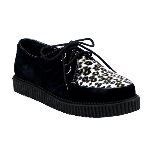 Black Demonia Creeper-600 Suede-Cheetah Fur Women's Creepers Shoes | 58VGCM