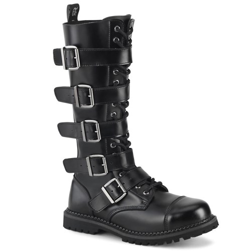 Black Demonia Riot-18BK Leather Men's Combat Boots | 62BOSE