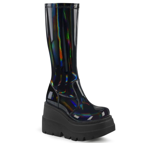 Black Demonia Shaker-65 Stretch Patent Holo Women's Ankle Boots | 82FAML