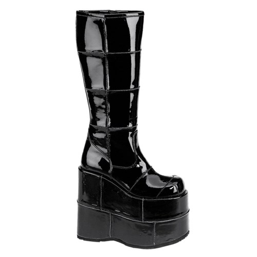 Black Demonia Stack-301 Patent Men's Knee-high Boots | 74LRXT