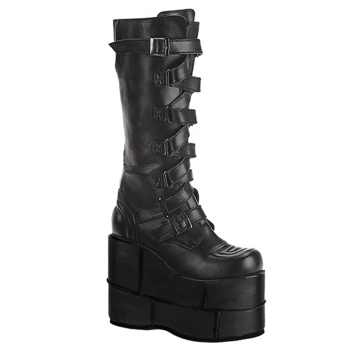 Black Demonia Stack-308 Vegan Leather Men's Knee-high Boots | 39OPVT