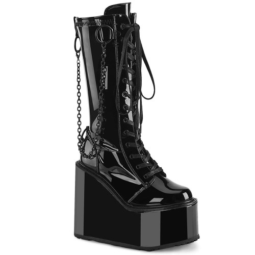 Black Demonia Swing-150 Stretch Patent Women's Ankle Boots | 96TELU