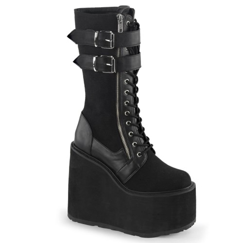 Black Demonia Swing-221 Canvas-Vegan Leather Women's Knee-high Boots | 08XPUG