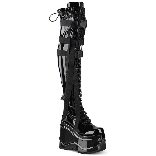 Black Demonia Wave-315 Stretch Patent Women's Over-the-knee Boots | 27ILVG