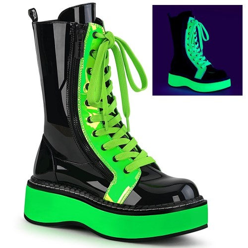 Black / Green Demonia Emily-350 UV Neon Women's Knee-high Boots | 74TWEF