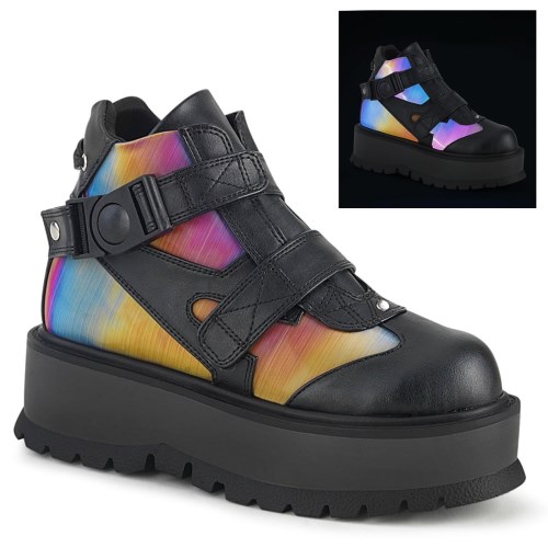 Black / Multicolor Demonia Slacker-32 Vegan Leather-Rainbow Reflective Women's Ankle Boots | 94KYTM