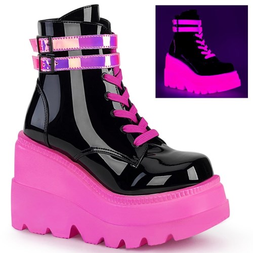 Black / Pink Demonia Shaker-52 Patent-UV Neon Women's Ankle Boots | 18QFPB