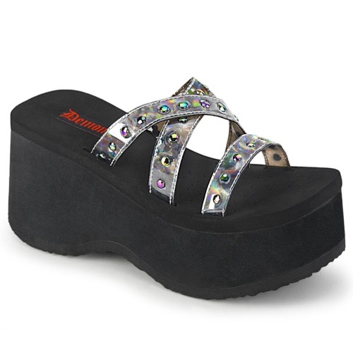 Black / Silver Demonia Funn-19 Oil Flick Hologram Women's Sandals | 82JTLC