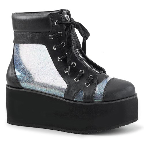 Black / Silver Demonia Grip-102 Vegan Hologram TFaux Leather Women's Ankle Boots | 59YMJN