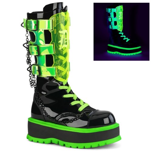 Green / Black Demonia Slacker-156 Patent-UV Neon Women's Ankle Boots | 64QMWE