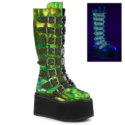 Green Demonia Damned-318 Hologram Vegan Leather Women's Knee-high Boots | 61ABWJ