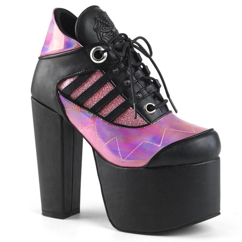 Pink / Black Demonia Torment-216 Vegan Leather Hologram Women's Ankle Boots | 19CXWH