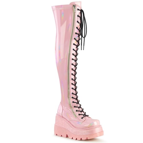 Pink Demonia Shaker-374 Hologram Stretch Patent Women's Over-the-knee Boots | 03QXAO