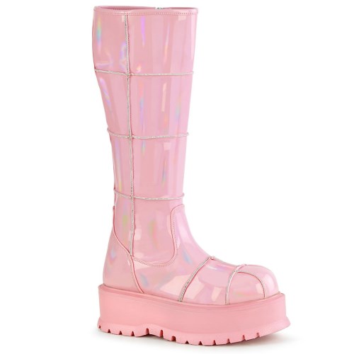 Pink Demonia Slacker-230 Hologram Patent Women's Knee-high Boots | 45TJCE