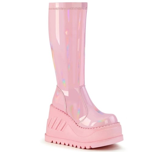 Pink Demonia Stomp-200 Hologram Stretch Patent Women's Ankle Boots | 28GWEY