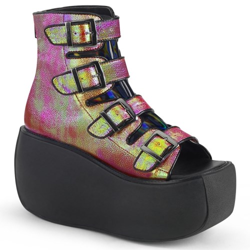 Pink / Green Demonia Violet-150 Iridescent Vegan Leather-Hologram Women's Ankle Boots | 69RBZO