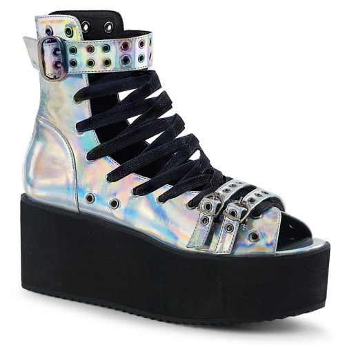 Silver Demonia Grip-105 Hologram Vegan Leather Women's Sandals | 37IVNM