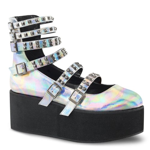 Silver Demonia Grip-31 Hologram Vegan Leather Women's Platform Shoes | 02ITPR