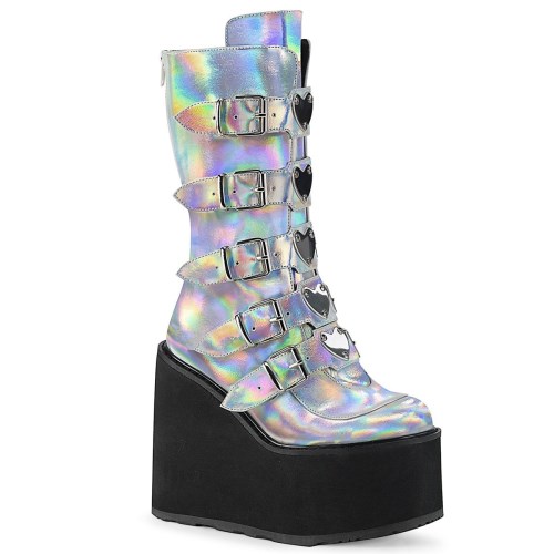 Silver Demonia Swing-230 Hologram Vegan Leather Women's Knee-high Boots | 16DPQS