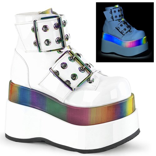 White Demonia Bear-104 Patent-Rainbow Reflective Women's Ankle Boots | 31ZCMH