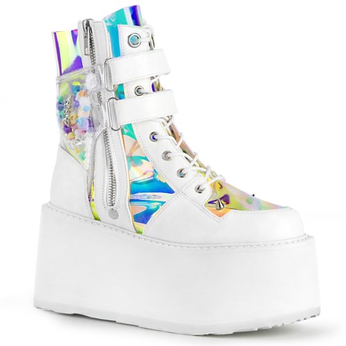 White Demonia Damned-115 Vegan Leather-Clear Hologram PVC Women's Ankle Boots | 06EIQL