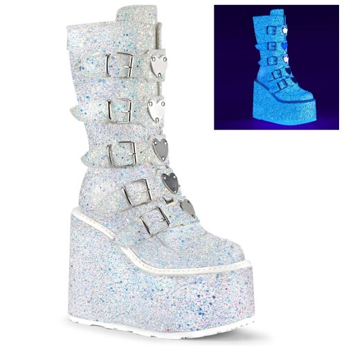 White / Multicolor Demonia Swing-230G Glitter Women's Knee-high Boots | 80FXGM