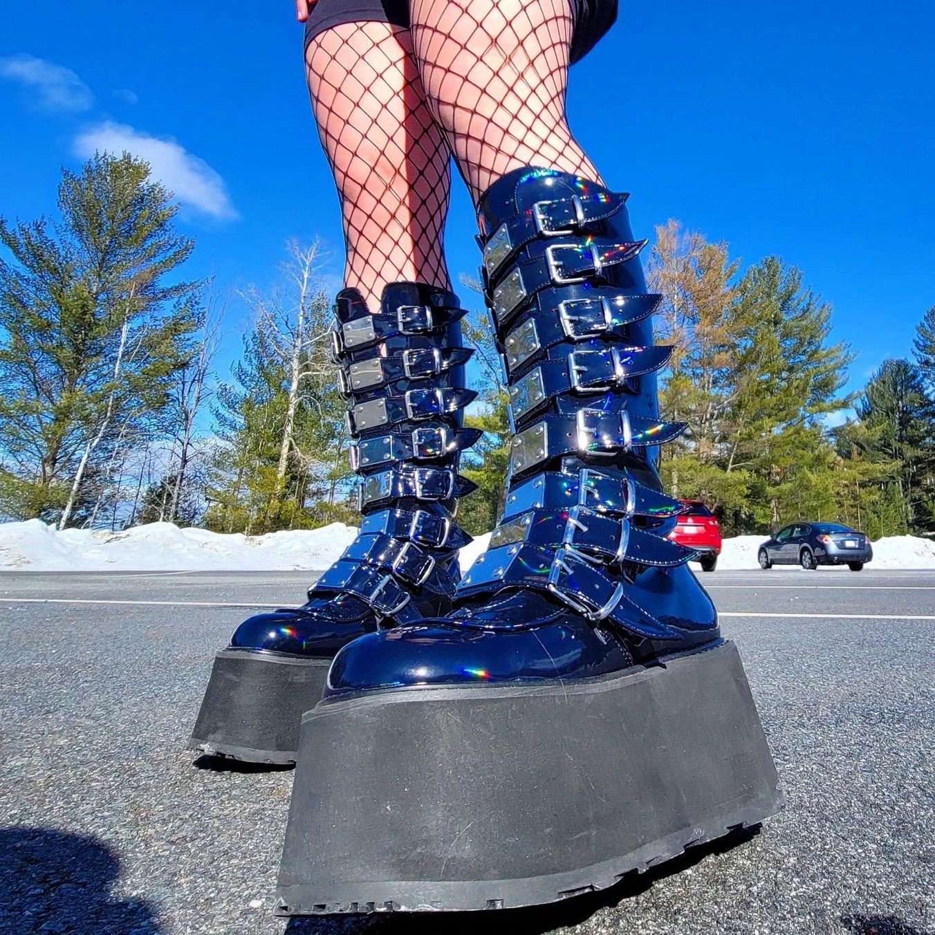 Black Demonia Damned-318 Hologram Vegan Leather Women's Knee-high Boots | 23YQWV