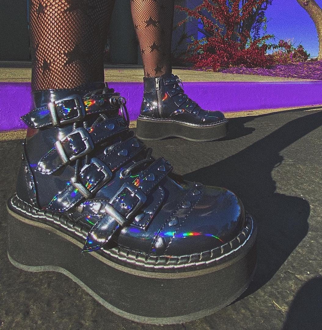 Black Demonia Emily-315 Hologram Vegan Leather Women's Ankle Boots | 84RFKD