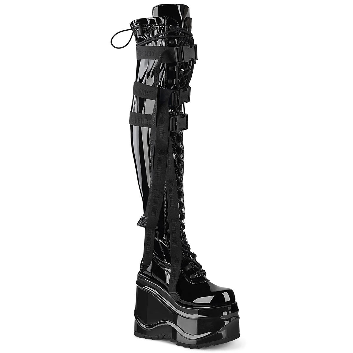 Black Demonia Wave-315 Stretch Patent Women\'s Over-the-knee Boots | 27ILVG